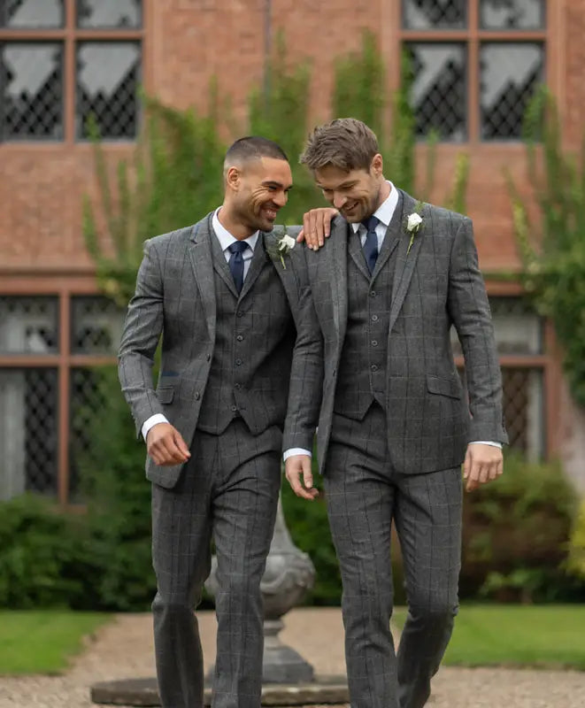 Grå marinblå fiskbensmönster outfit - driedelig pak