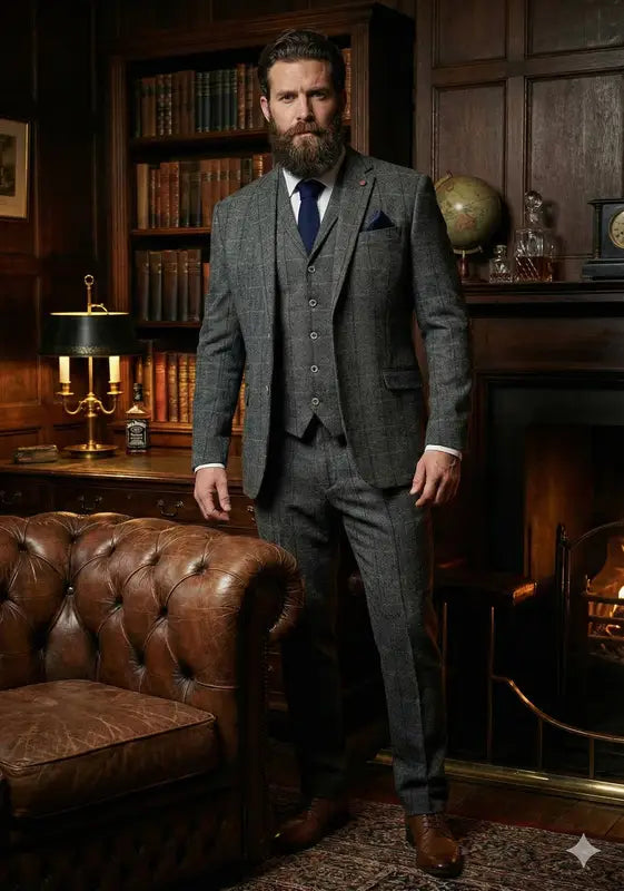 Grå marinblå fiskbensmönster outfit - driedelig pak