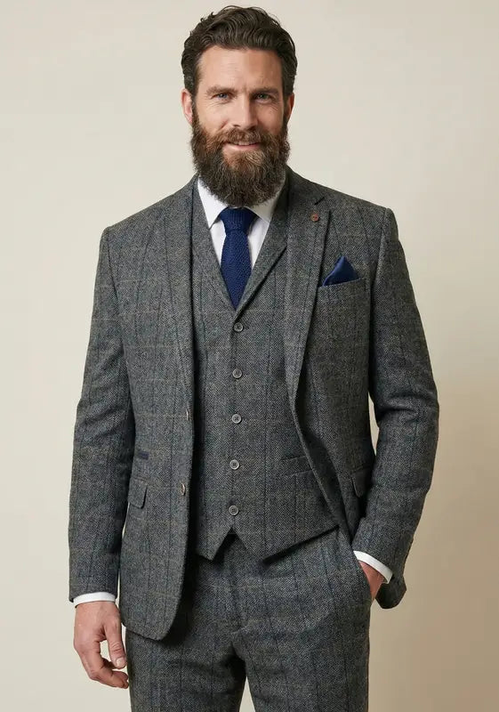 Grå marinblå fiskbensmönster outfit - driedelig pak