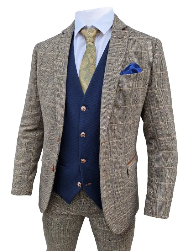 Mix and match - 3-delat herrdräkt Herringbone Brown/Navy