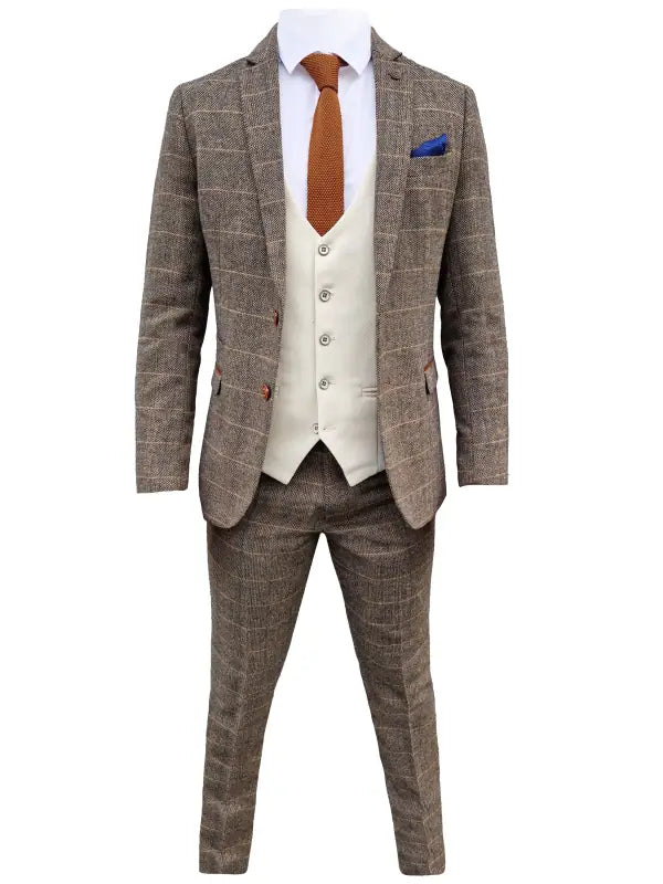 Mix and match - 3-delat herrdräkt Herringbone Brown/Cream