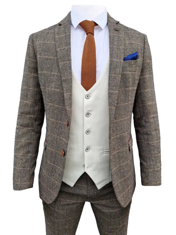 Mix and match - 3-delat herrdräkt Herringbone Brown/Cream