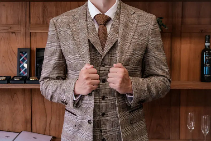 TAVERNY Captain - Herrkostym rutig beige tweed - driedelig