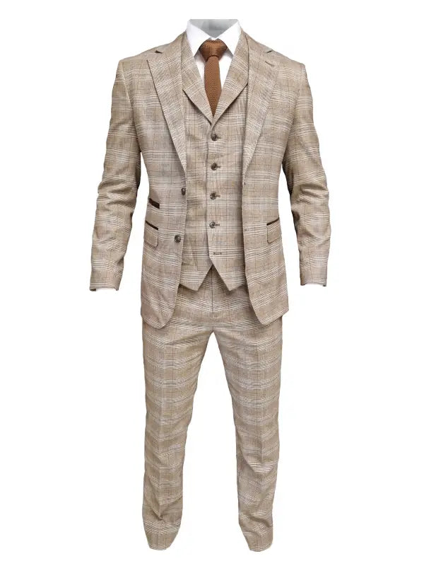 TAVERNY Captain - Herrkostym rutig beige tweed - driedelig