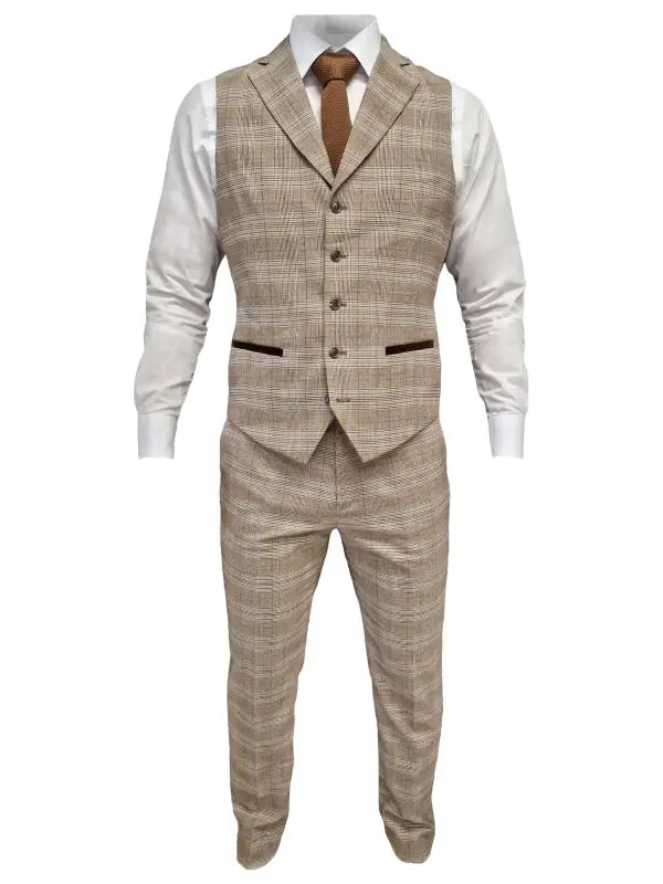 TAVERNY Captain - Herrkostym rutig beige tweed - driedelig