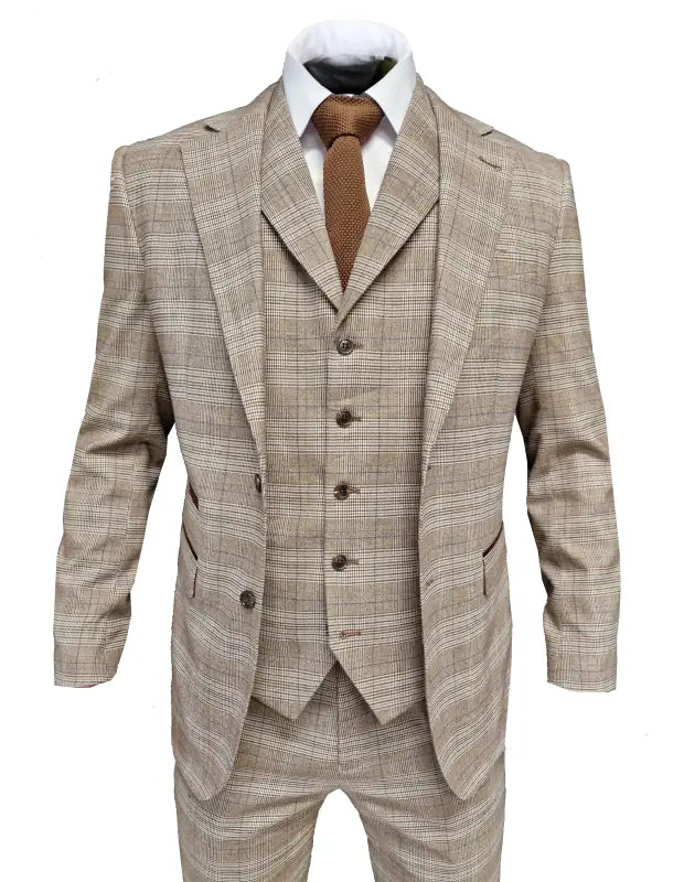 TAVERNY Captain - Herrkostym rutig beige tweed - driedelig