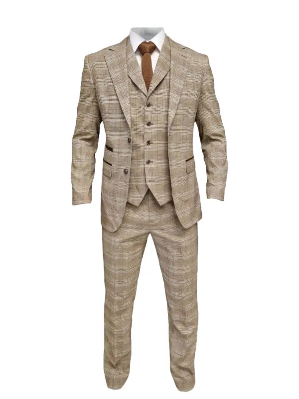 TAVERNY Captain - Herrkostym rutig beige tweed - driedelig