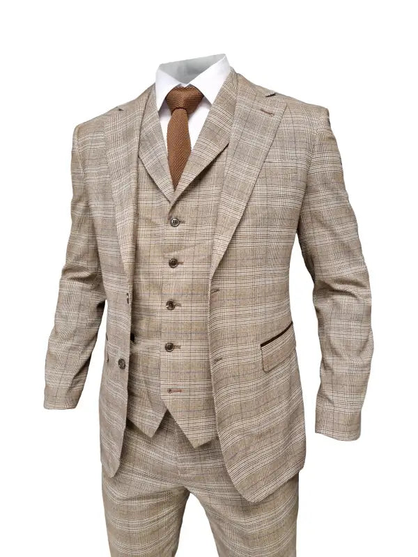 TAVERNY Captain - Herrkostym rutig beige tweed - driedelig