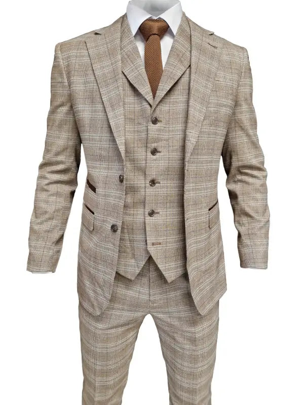 TAVERNY Captain - Herrkostym rutig beige tweed - driedelig