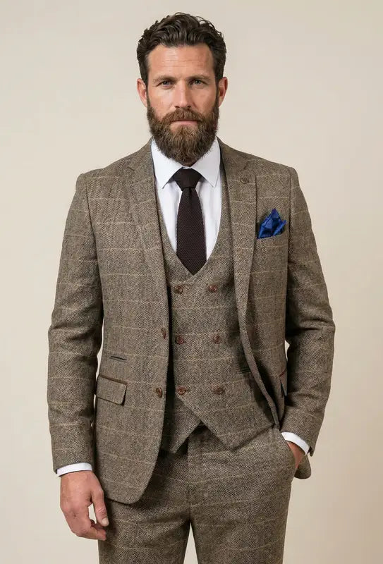 Tredelad dubbelknäppt kostym i Herringbone Brown Classic