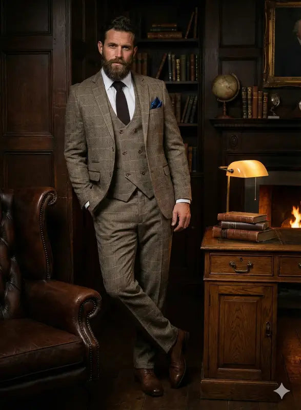 Tredelad dubbelknäppt kostym i Herringbone Brown Classic